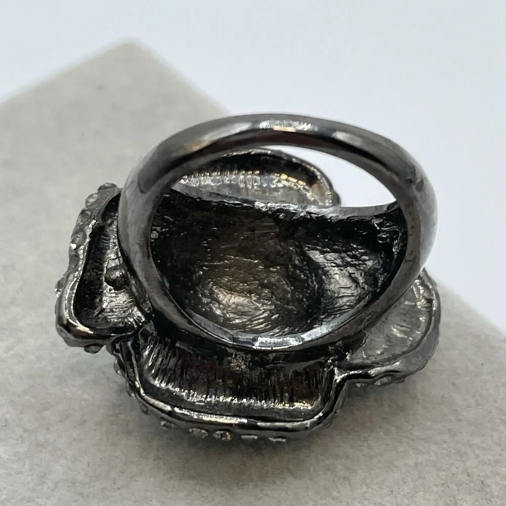 Blackened Metal Rose Shape Heavy Ring Gray Rhinestones Statement Bold Chunky  8